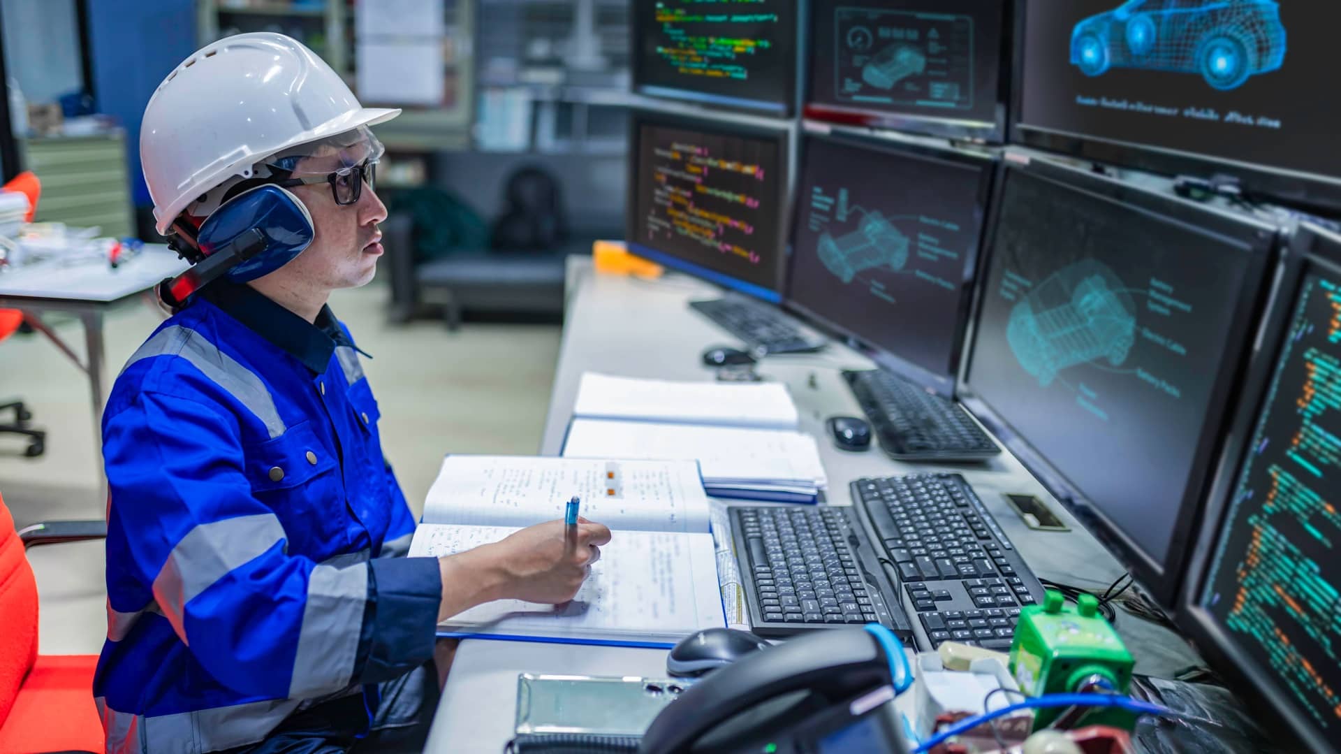Technicien utilisant une solution de pilotage et de supervision dans un environnement industriel