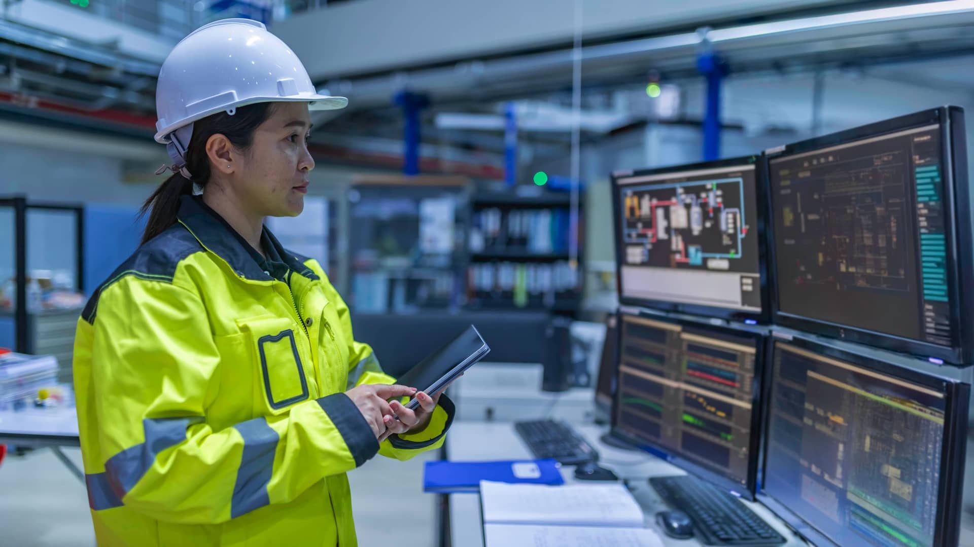 Technicienne utilisant une solution de pilotage et de supervision dans un environnement industriel