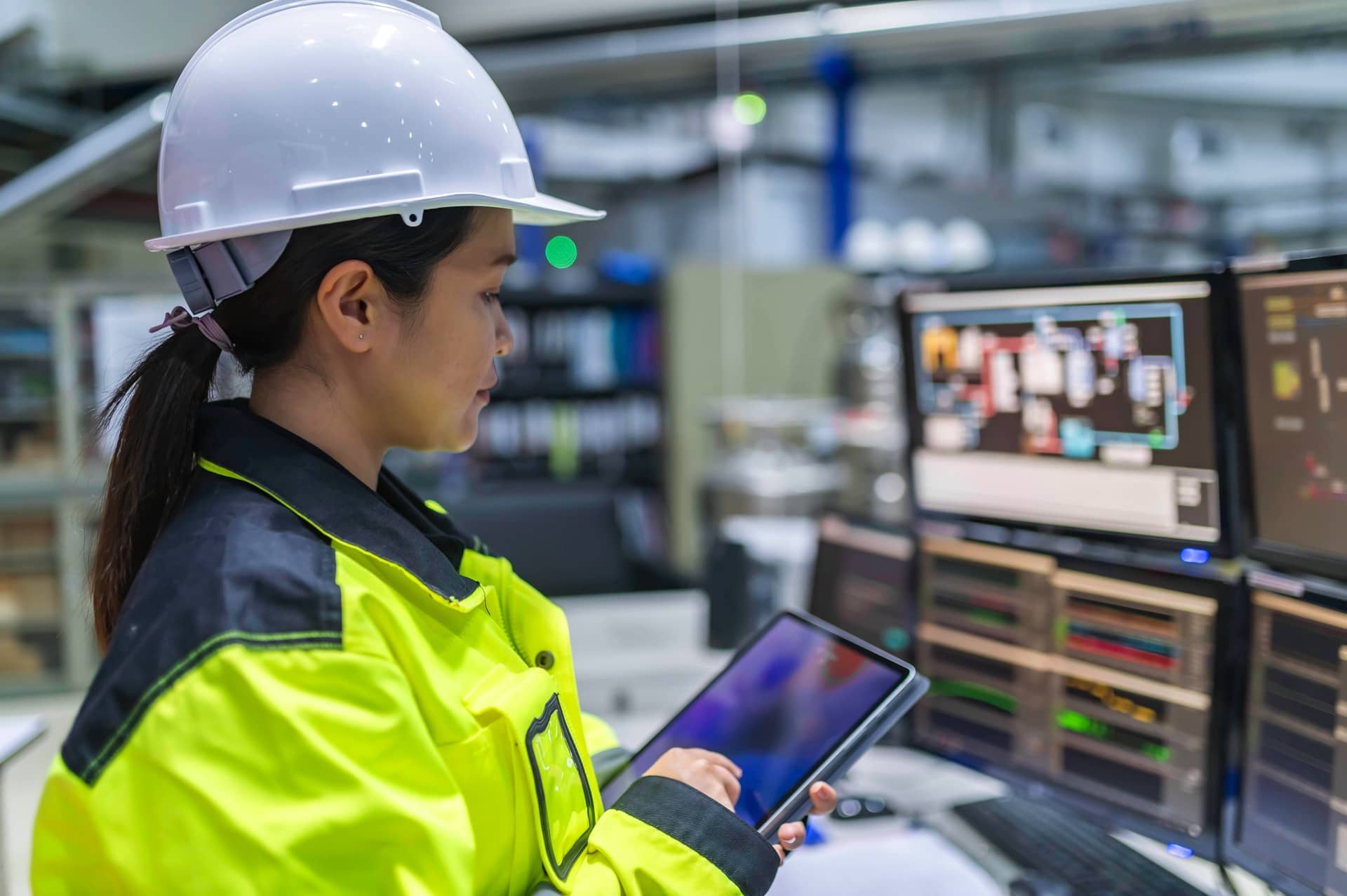 Technicienne utilisant une solution de pilotage et de supervision dans un environnement industriel